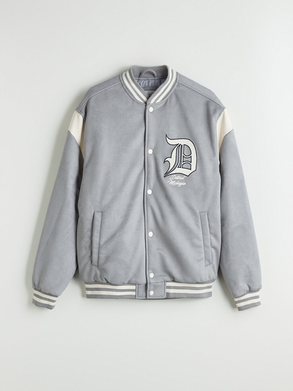 Gri Standart Kalıp Uzun Kollu Süet Erkek Kolej Ceket-5