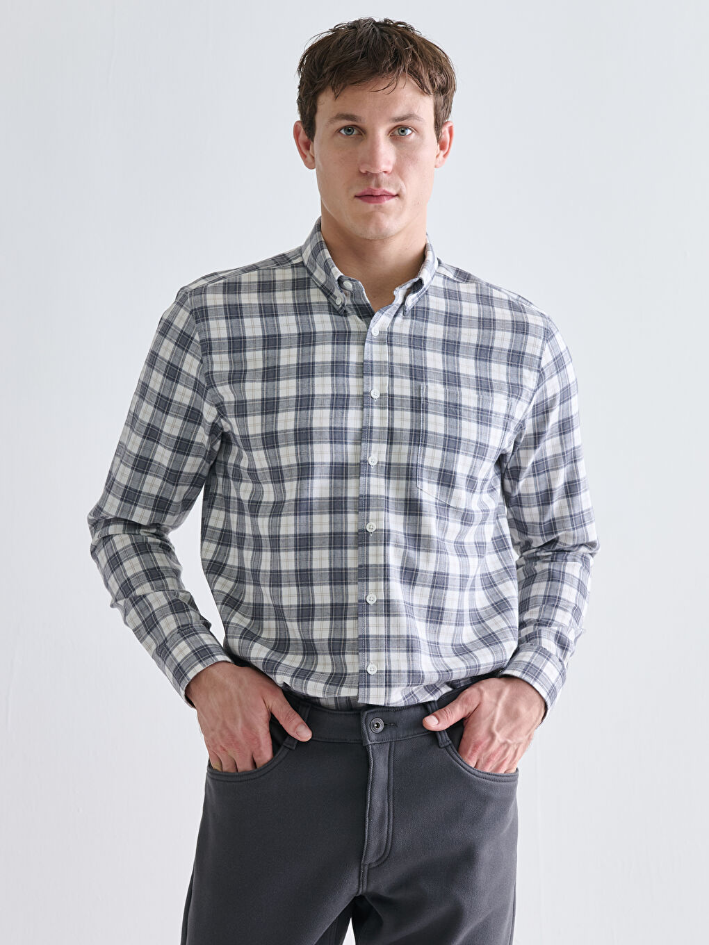 Regular Fit Long Sleeve Plaid Men's Shirt