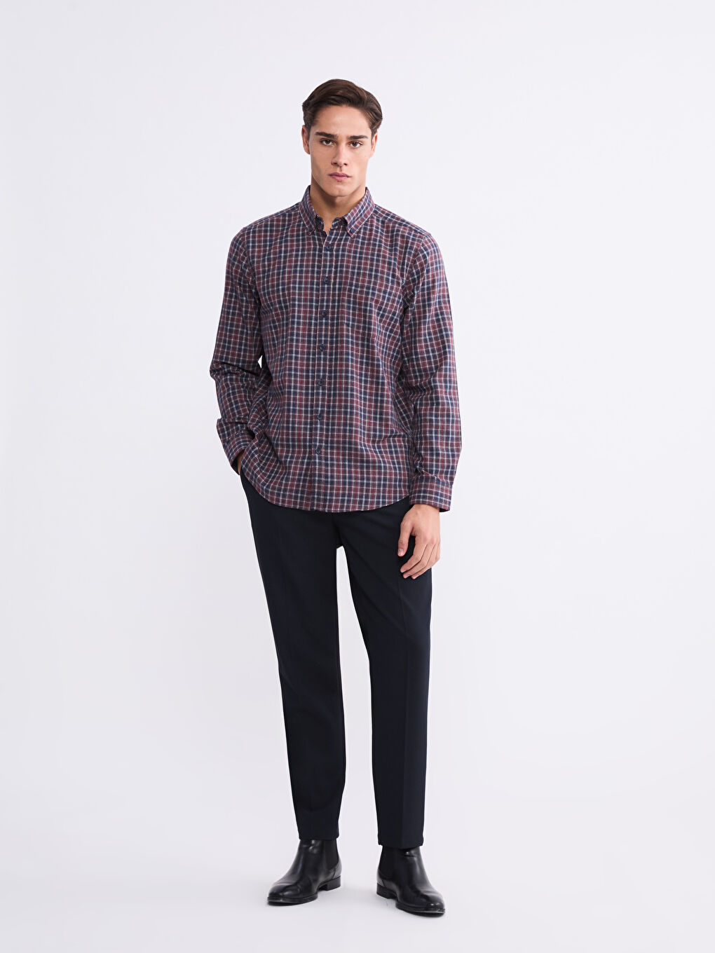 Bordo Regular Fit Uzun Kollu Ekose Erkek Gömlek-1