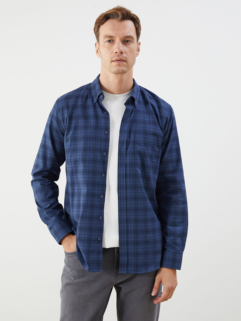LCWAIKIKI Classic Regular Fit Long Sleeve Plaid Men's Shirt -W54206Z8-LMR