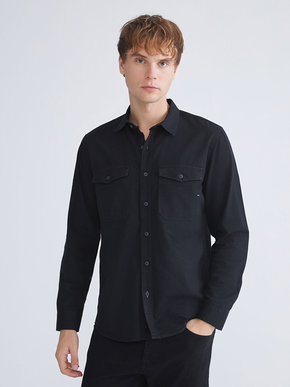 Siyah Regular Fit Uzun Kollu Erkek Jean Gömlek