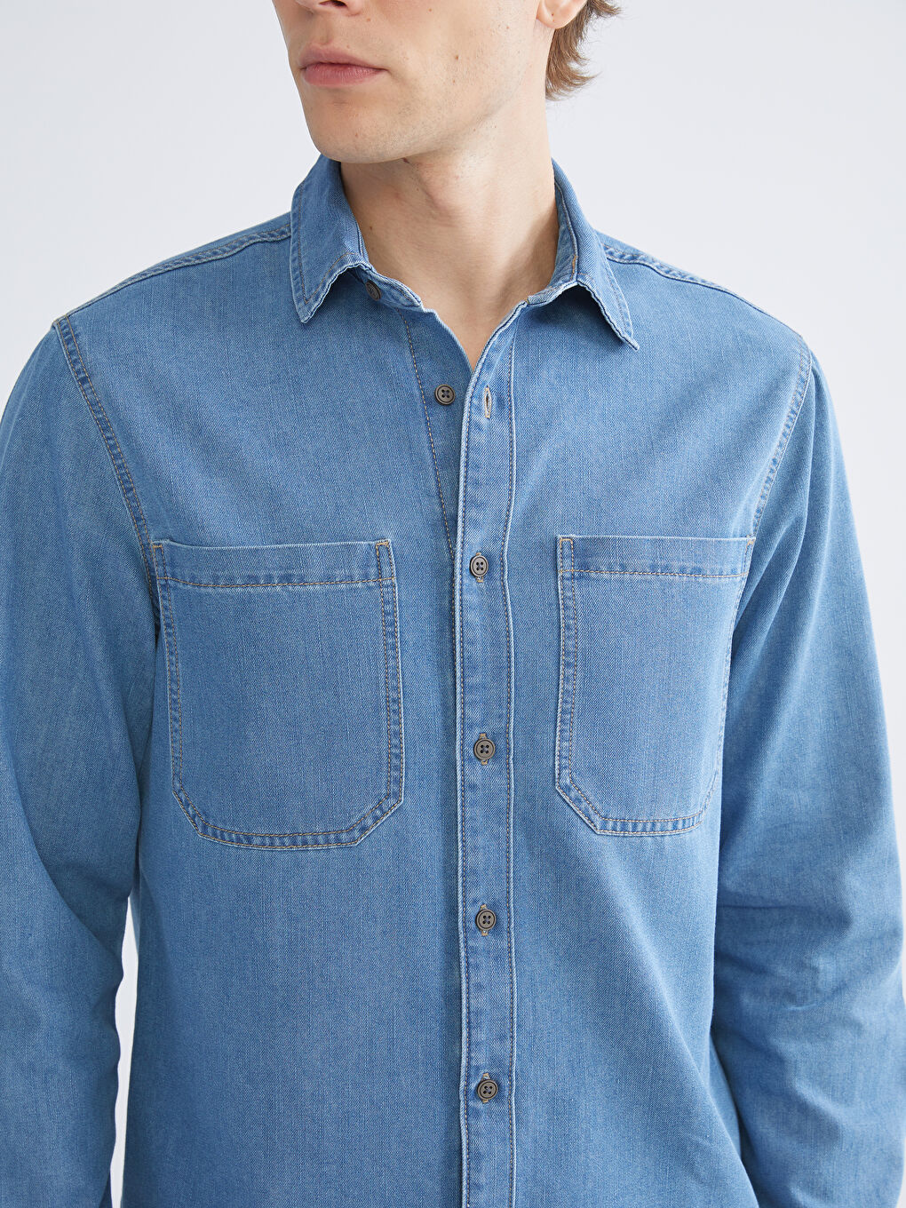 Regular Fit Long Sleeve Men's Denim Shirt-2