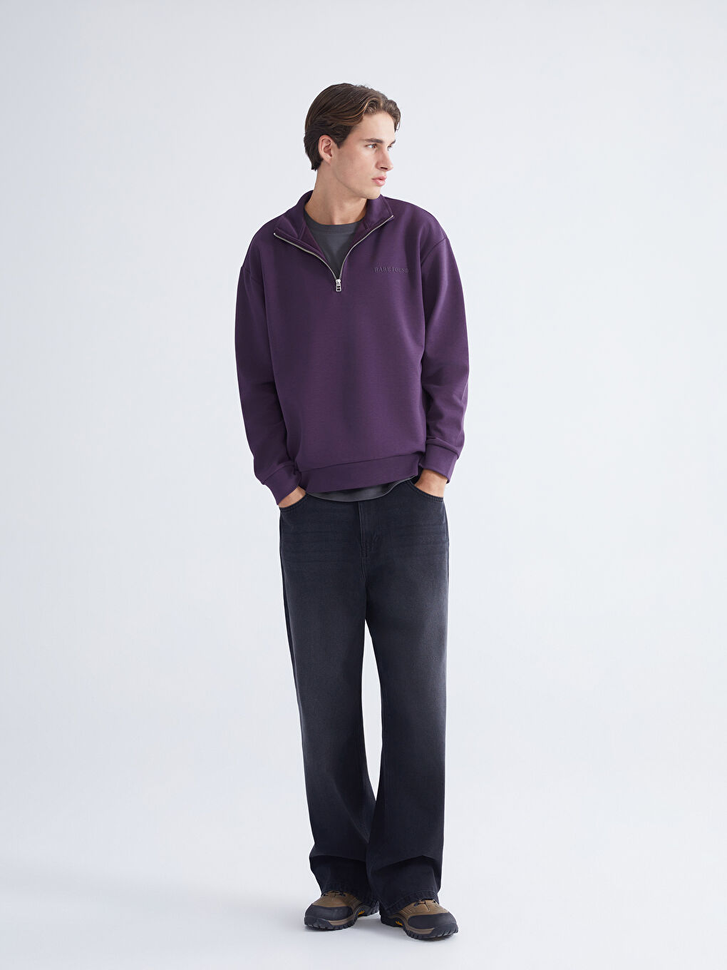 Mor Dik Yaka Baskılı Erkek Sweatshirt-1