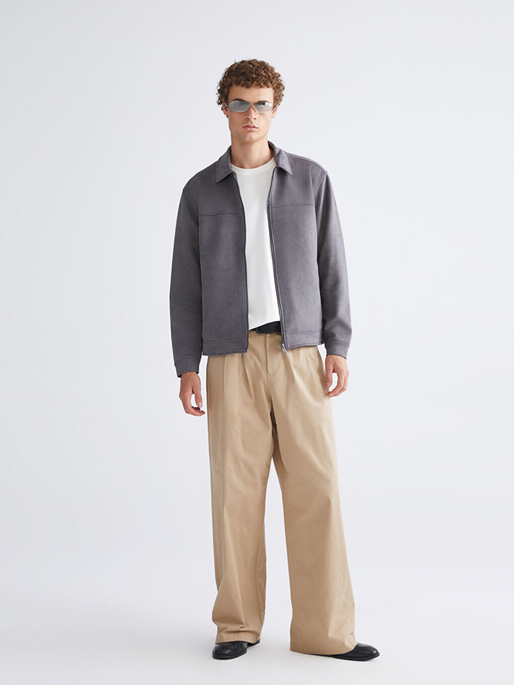 Gri Standart Kalıp Gömlek Yaka Süet Erkek Mont-1