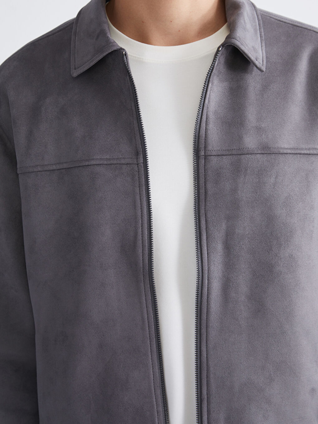 Gri Standart Kalıp Gömlek Yaka Süet Erkek Mont-2