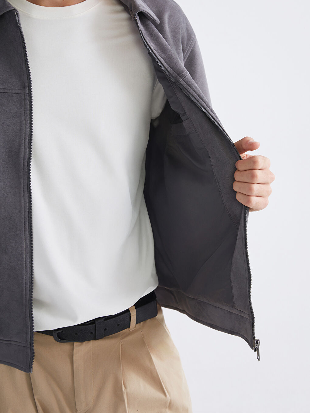 Gri Standart Kalıp Gömlek Yaka Süet Erkek Mont-3