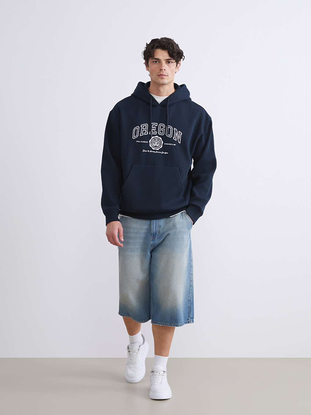Lacivert Uzun Kollu Baskılı Erkek Hoodie-1