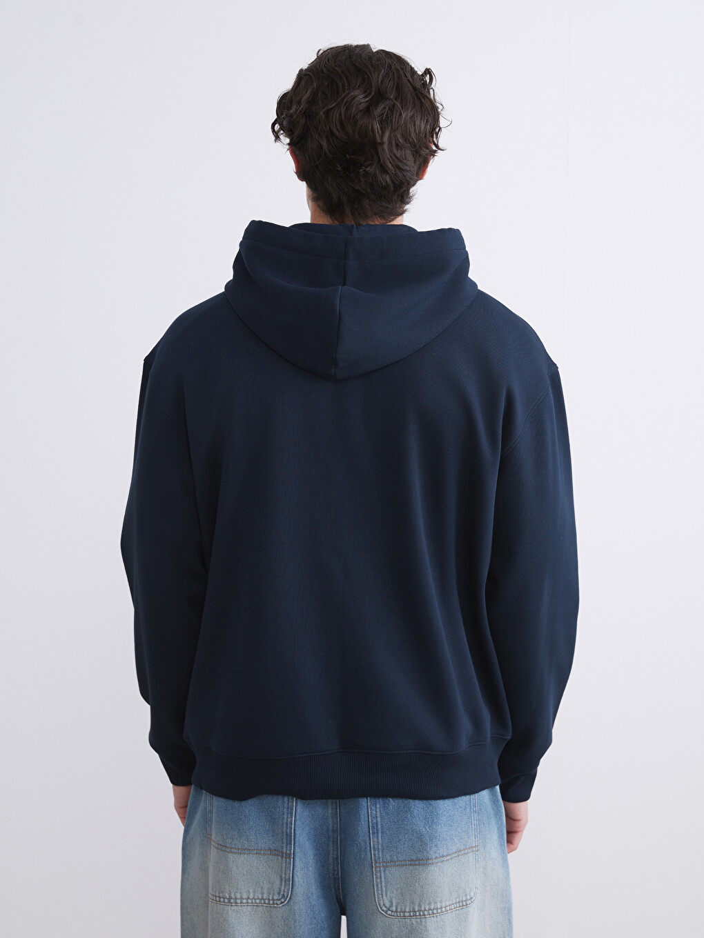 Lacivert Uzun Kollu Baskılı Erkek Hoodie-3