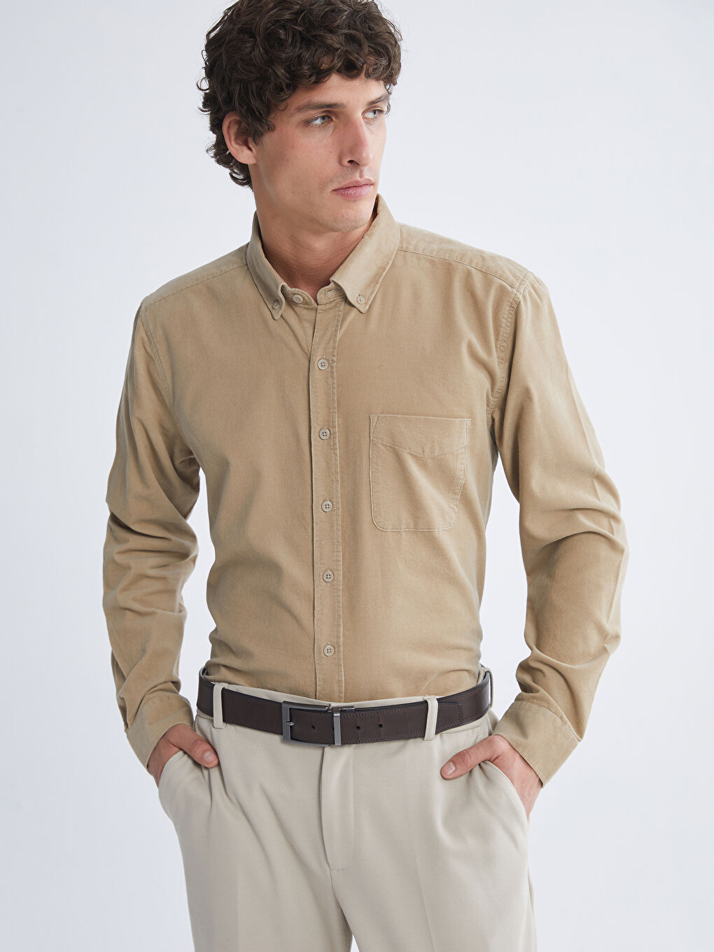Bej Regular Fit Uzun Kollu Kadife Erkek Gömlek-1