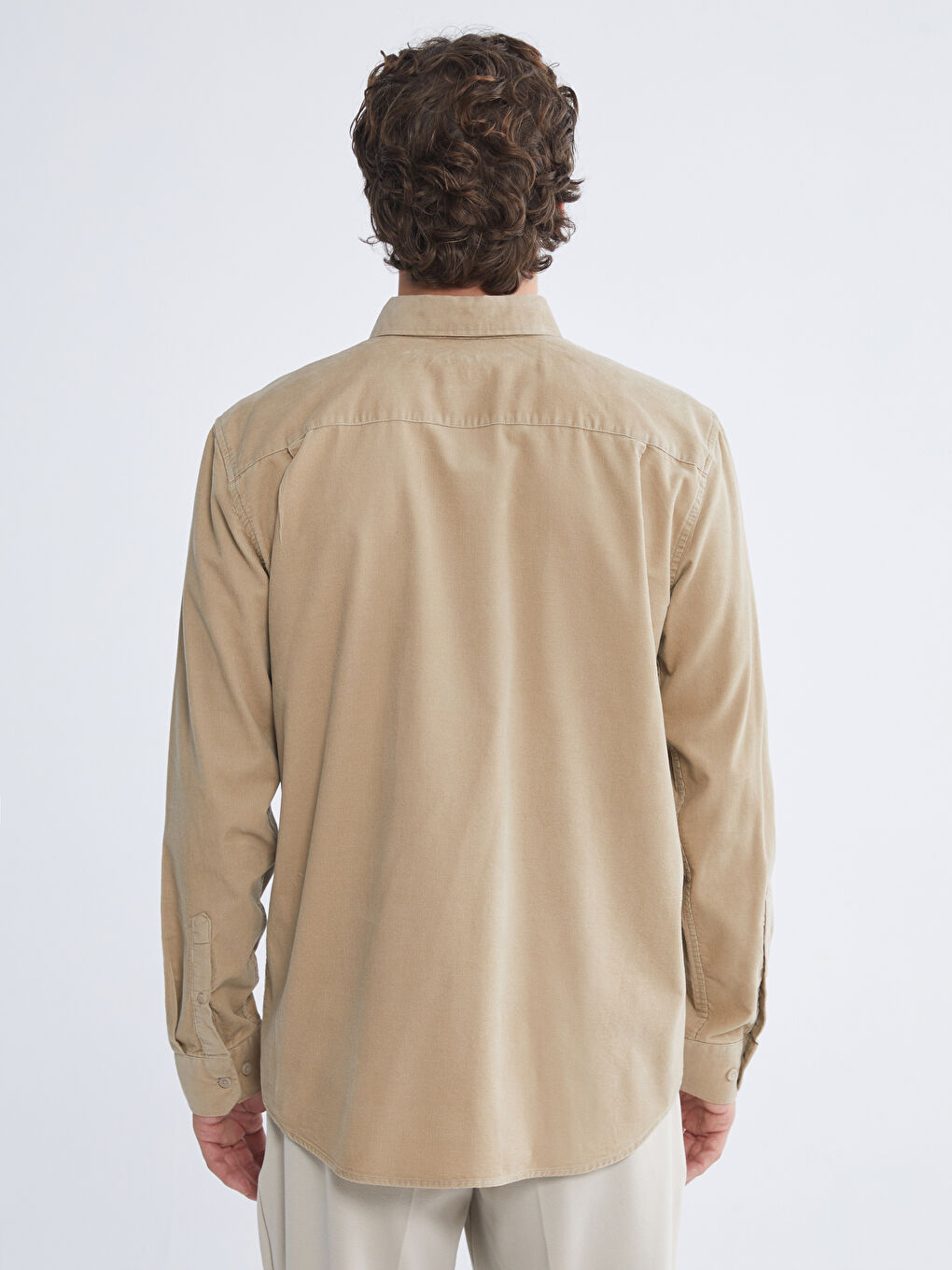 Bej Regular Fit Uzun Kollu Kadife Erkek Gömlek-6