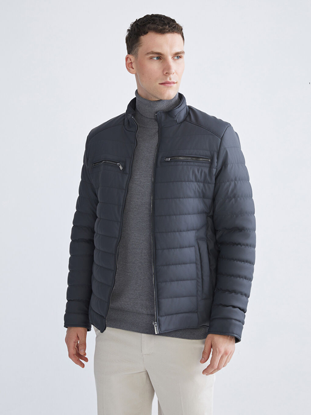 Antrasit Standart Kalıp Dik Yaka Erkek Deri Görünümlü Mont