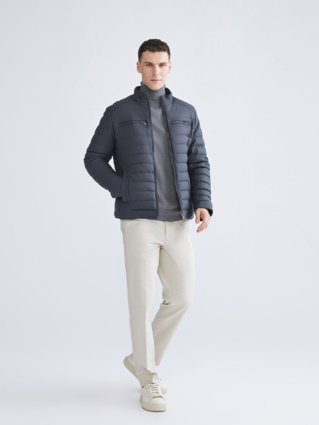 Antrasit Standart Kalıp Dik Yaka Erkek Deri Görünümlü Mont-1