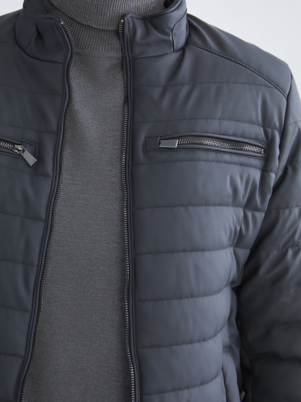 Antrasit Standart Kalıp Dik Yaka Erkek Deri Görünümlü Mont-2