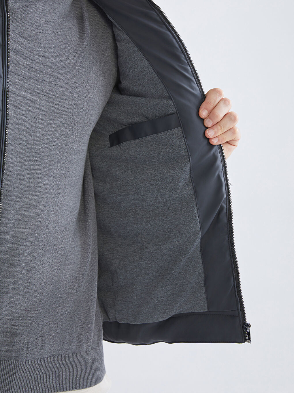 Antrasit Standart Kalıp Dik Yaka Erkek Deri Görünümlü Mont-3