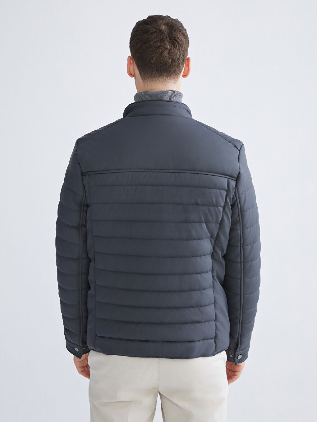 Antrasit Standart Kalıp Dik Yaka Erkek Deri Görünümlü Mont-4