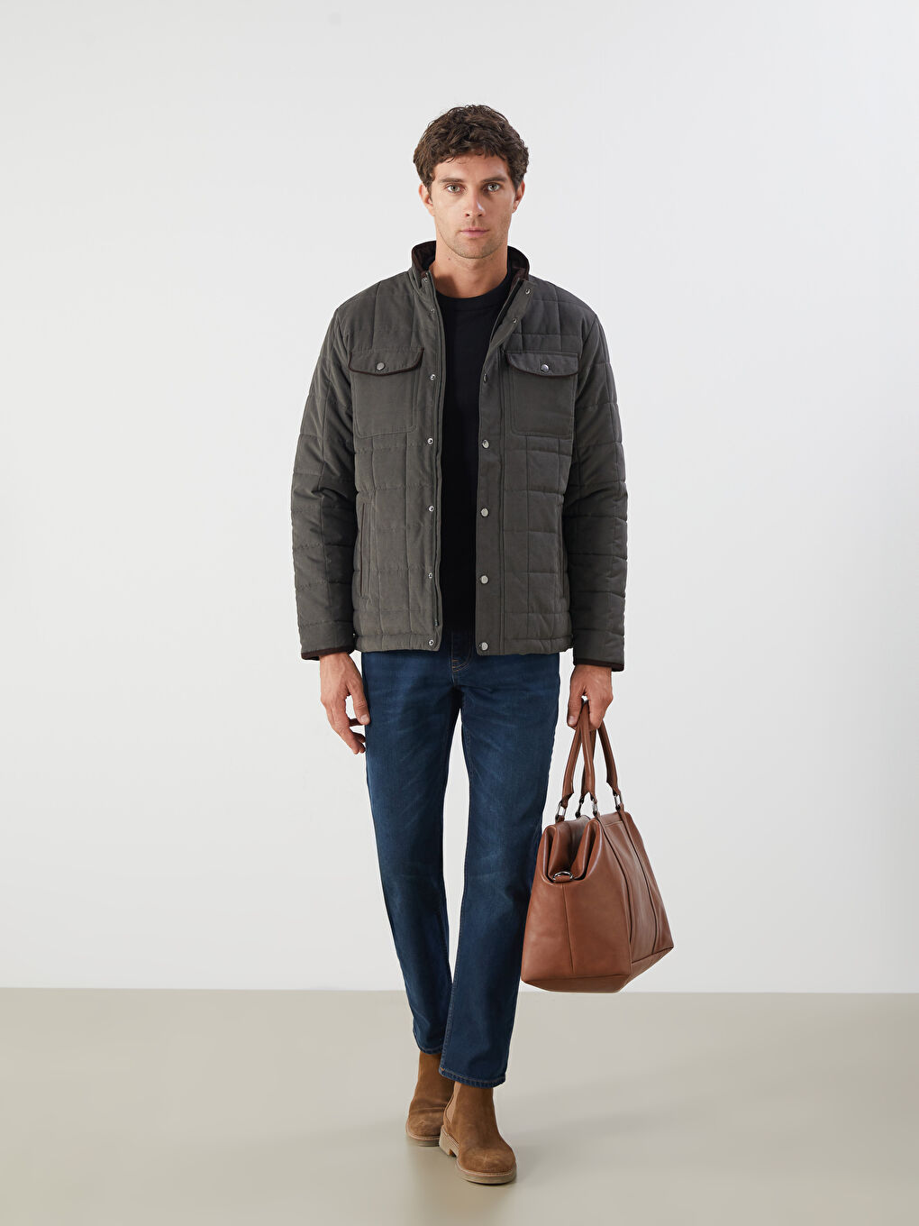 Haki Standart Kalıp Dik Yaka Erkek Şişme Mont-1