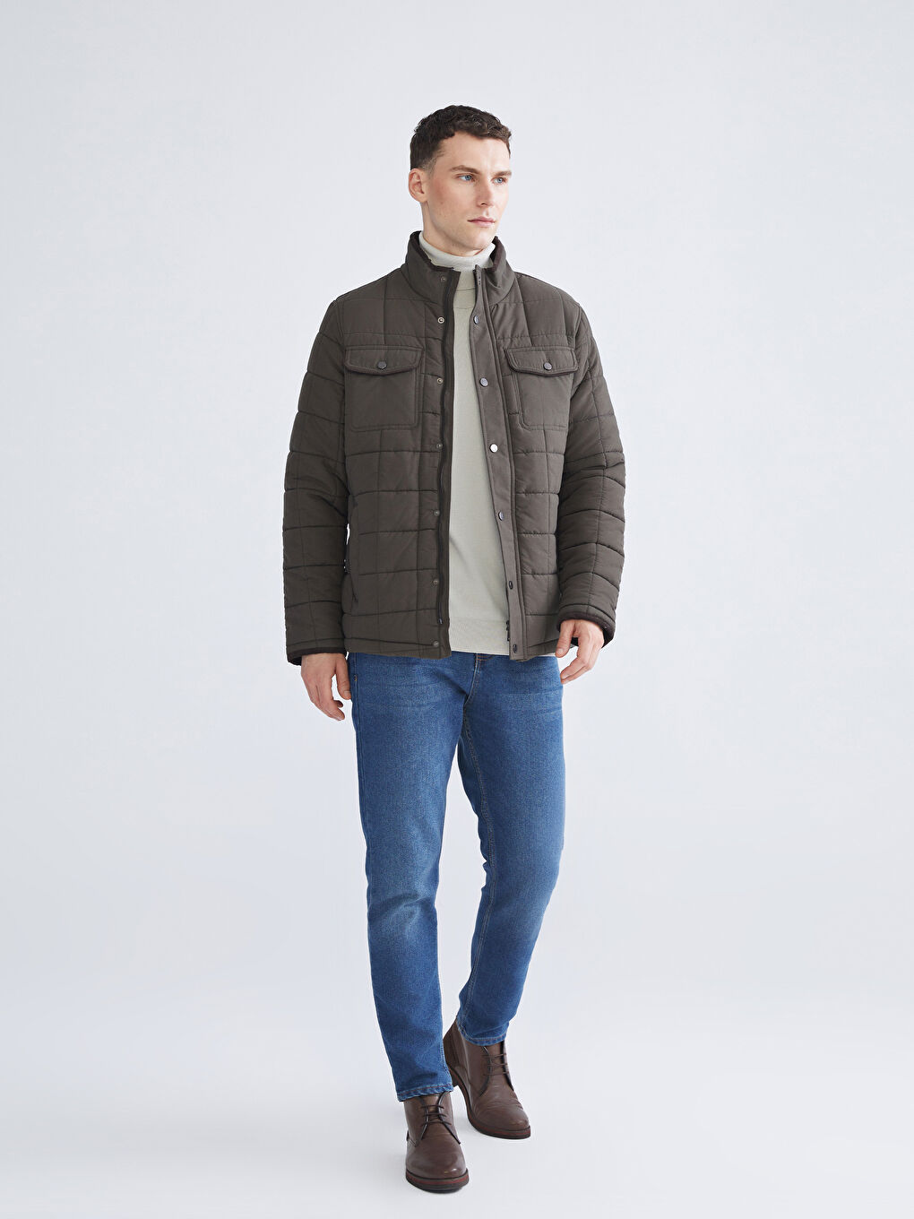 Lacivert Standart Kalıp Dik Yaka Erkek Şişme Mont-1