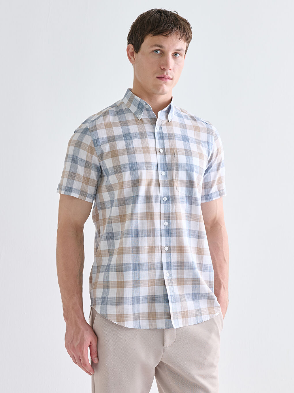 Regular Fit Short Sleeve Plaid Poplin Men's Shirt