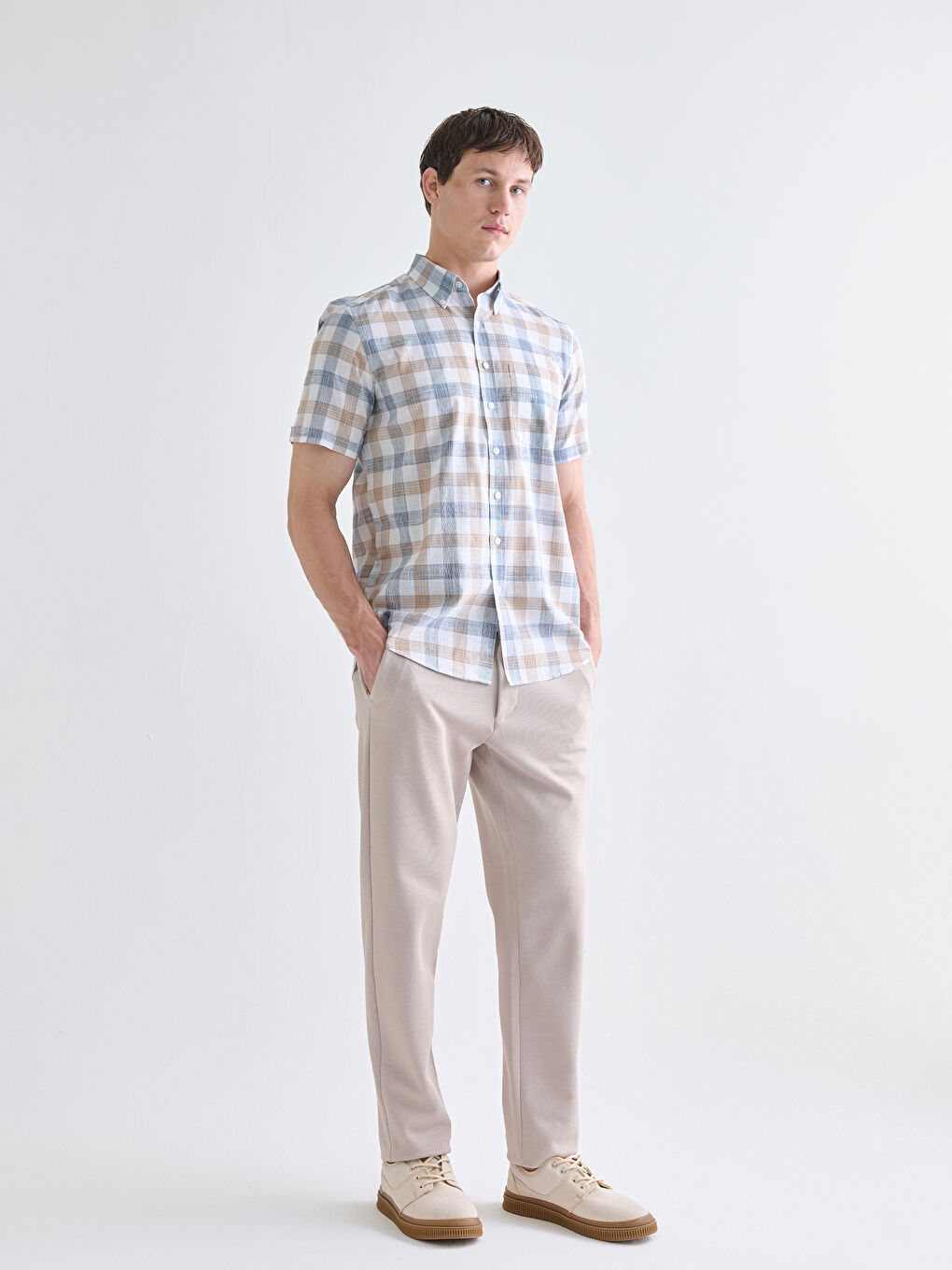 Regular Fit Short Sleeve Plaid Poplin Men's Shirt-1