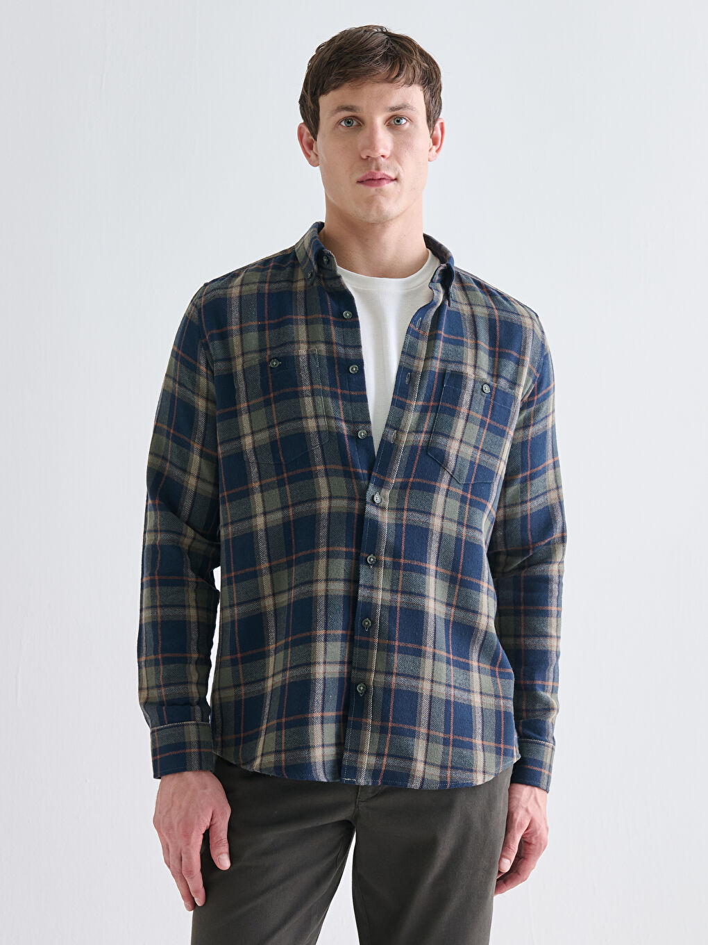 Regular Fit Long Sleeve Plaid Gabardine Men's Shirt