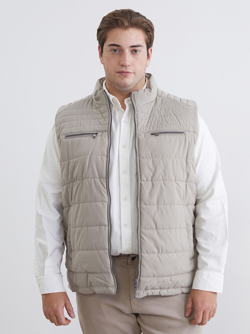 Ekru Büyük Beden Standart Kalıp Dik Yaka Erkek Şişme Yelek-2