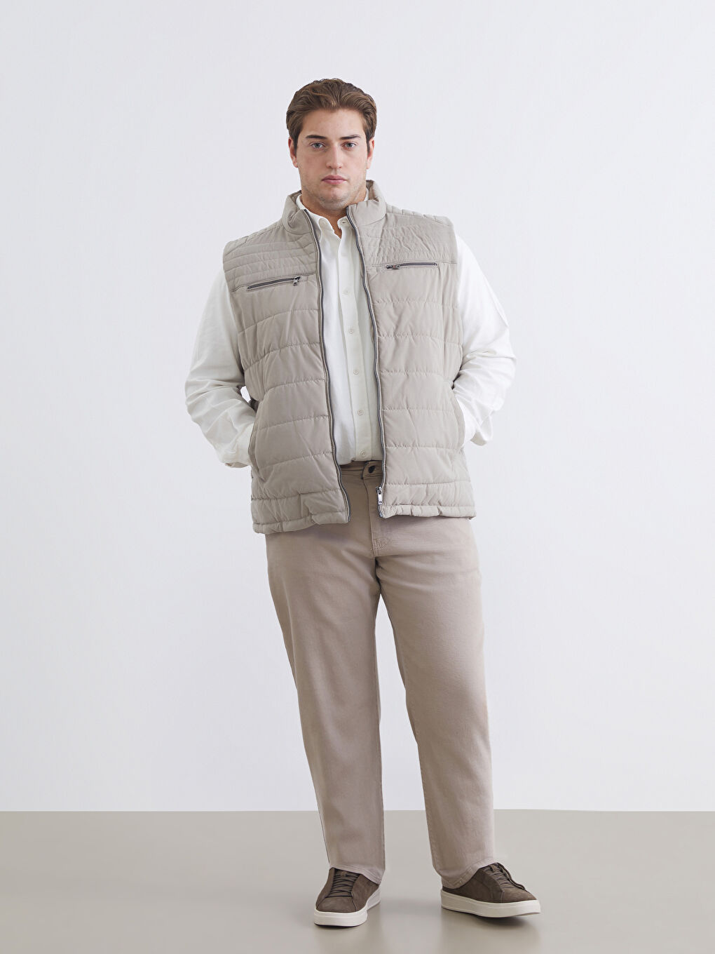 Ekru Büyük Beden Standart Kalıp Dik Yaka Erkek Şişme Yelek-10