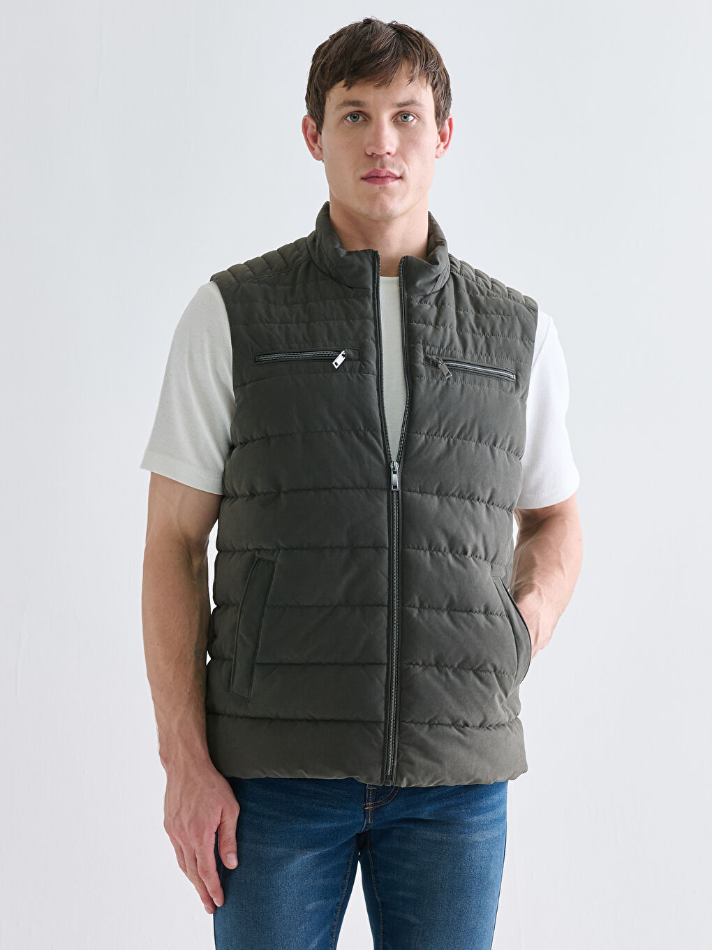 Haki Standart Kalıp Dik Yaka Erkek Şişme Yelek