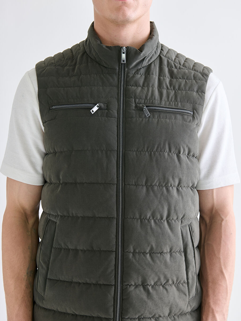 Haki Standart Kalıp Dik Yaka Erkek Şişme Yelek-3