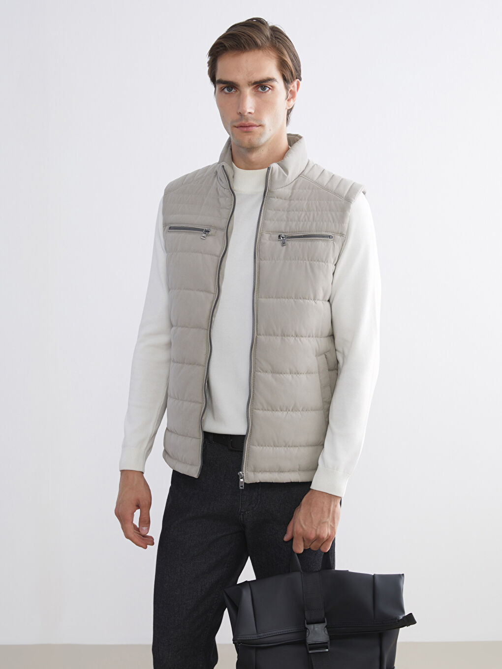 Ekru Büyük Beden Standart Kalıp Dik Yaka Erkek Şişme Yelek-1