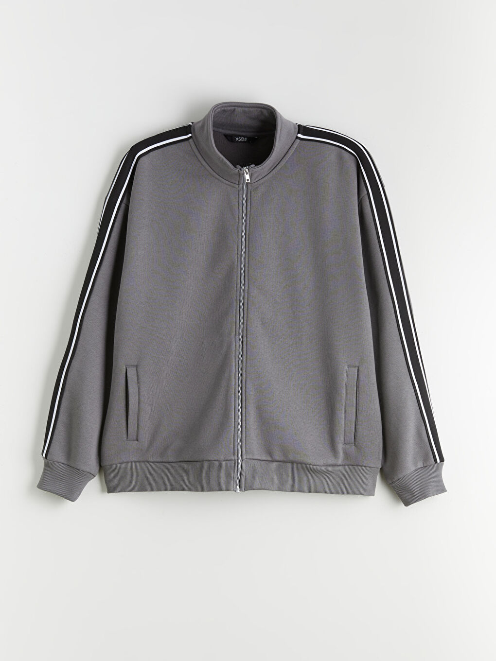 Gri Dik Yaka Uzun Kollu Erkek Fermuarlı Sweatshirt-4