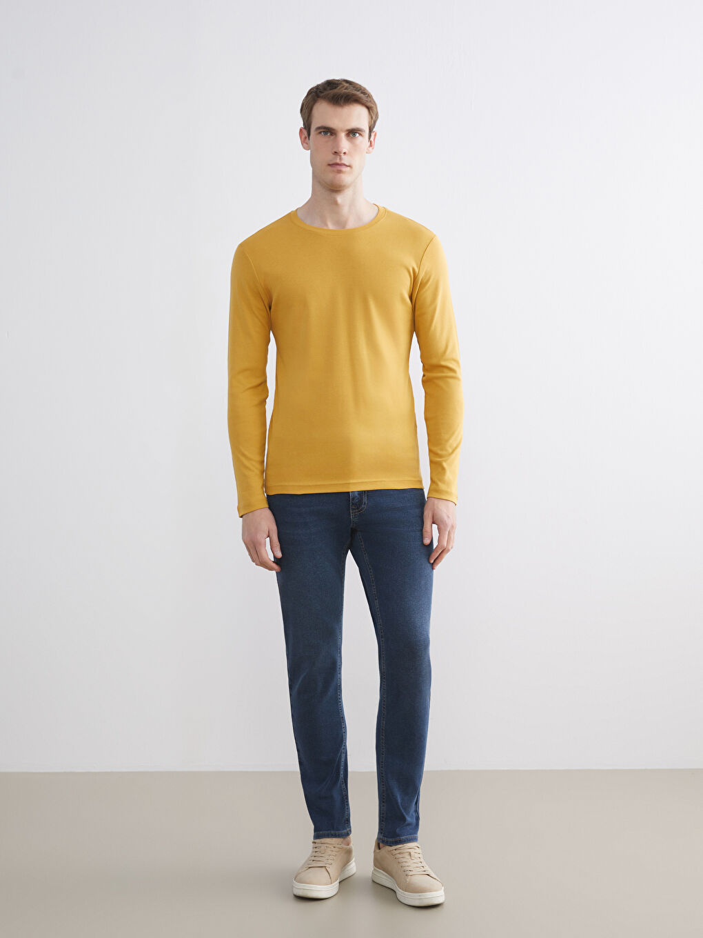 Sarı Bisiklet Yaka Basic Uzun Kollu Erkek Tişört-1