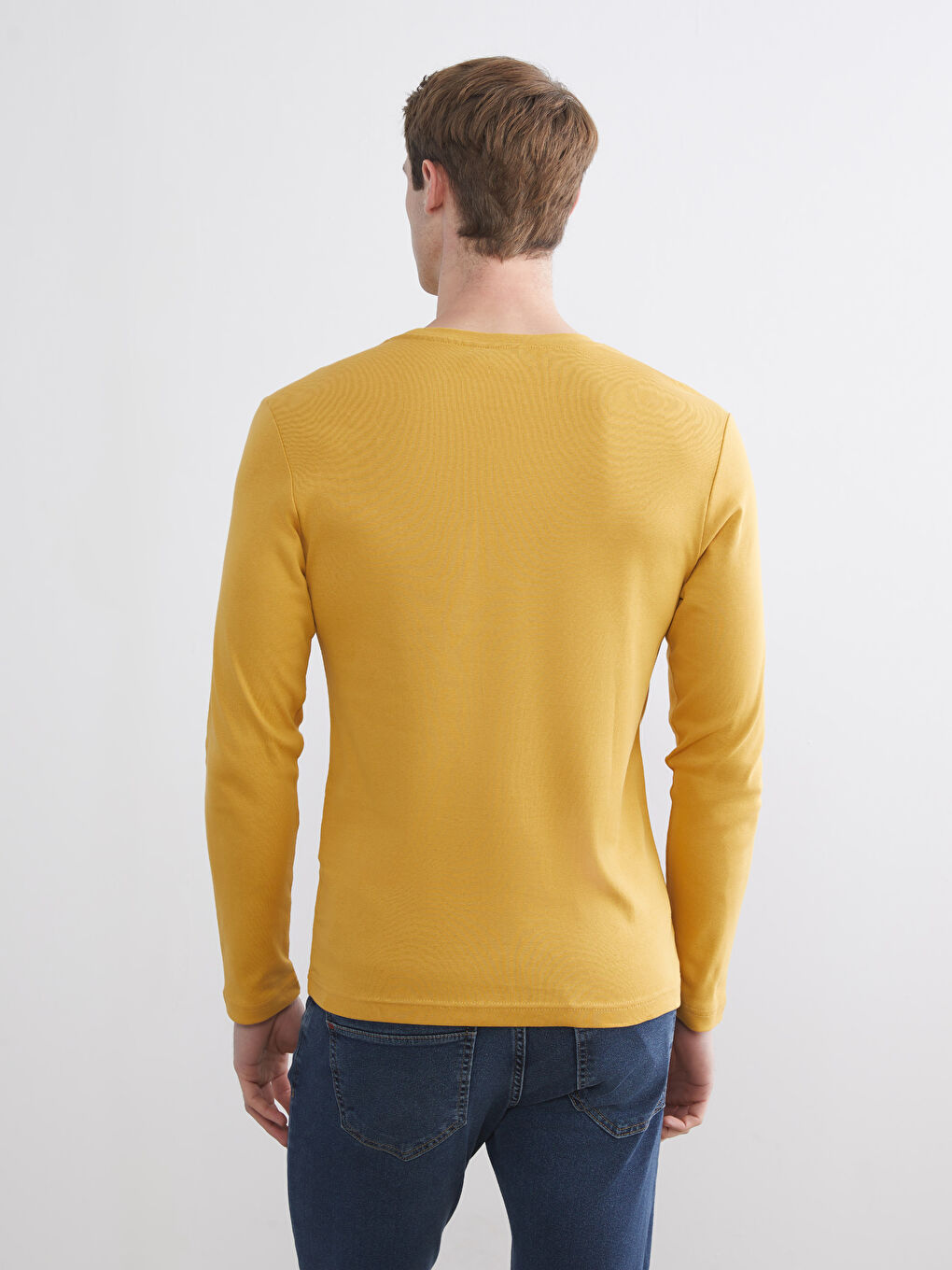 Sarı Bisiklet Yaka Basic Uzun Kollu Erkek Tişört-3