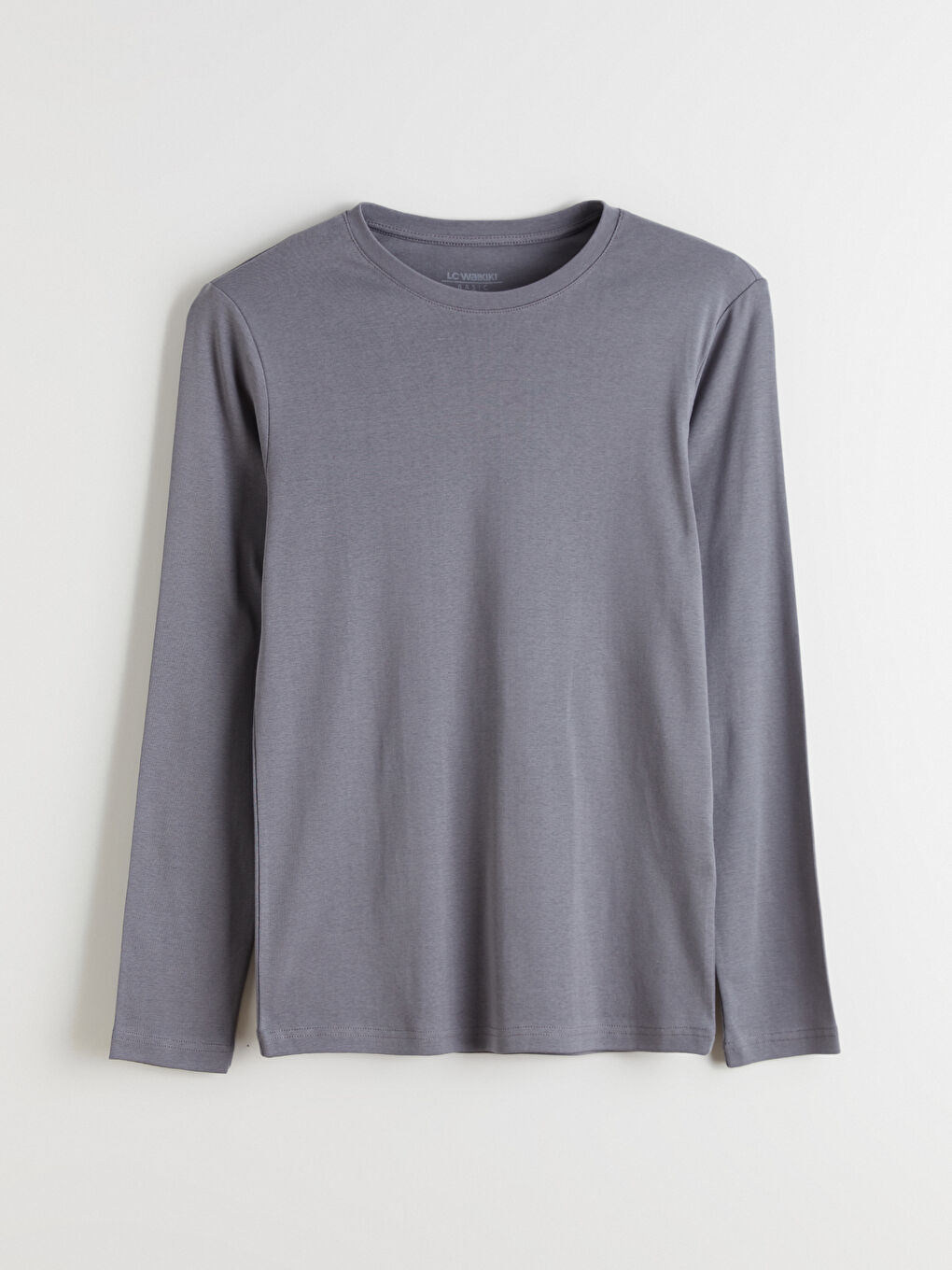 Gri Bisiklet Yaka Basic Uzun Kollu Erkek Tişört-4