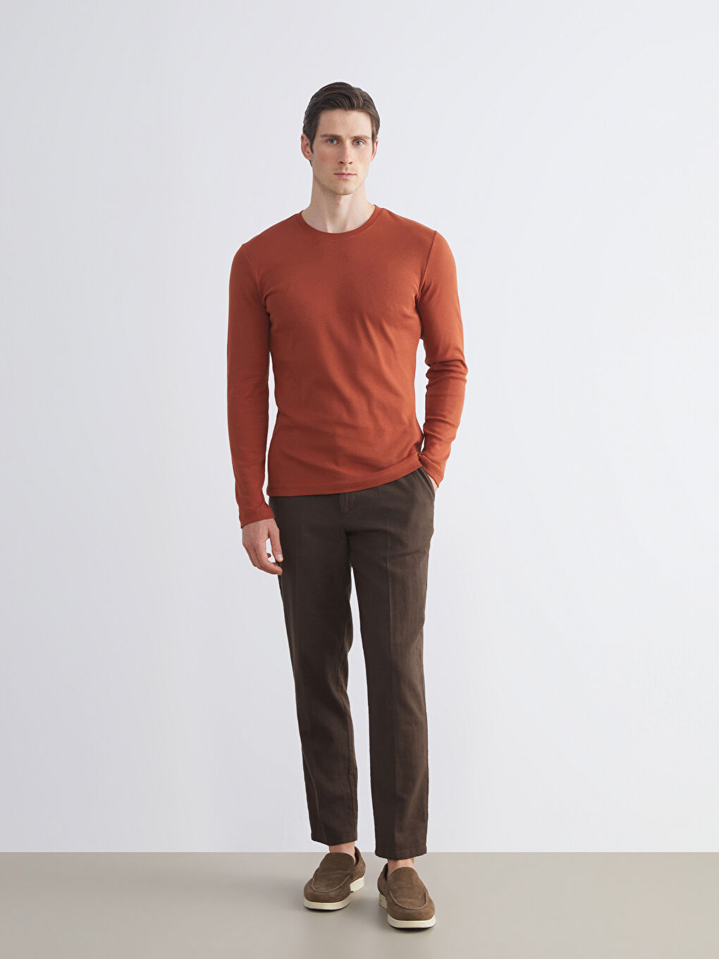 Turuncu Bisiklet Yaka Basic Uzun Kollu Erkek Tişört-1