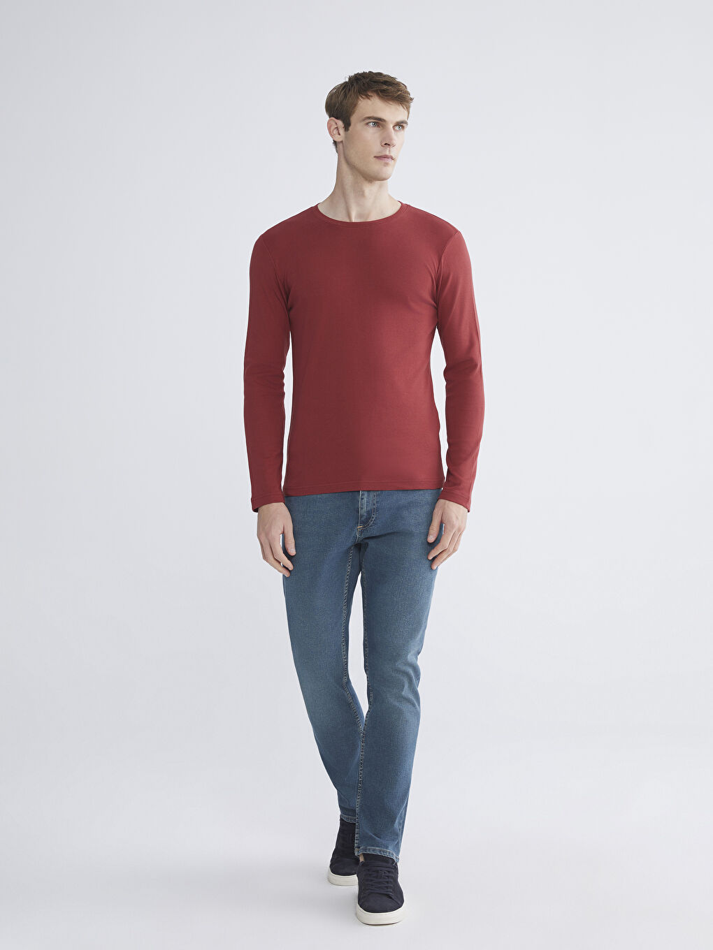 Bordo Bisiklet Yaka Basic Uzun Kollu Erkek Tişört-1