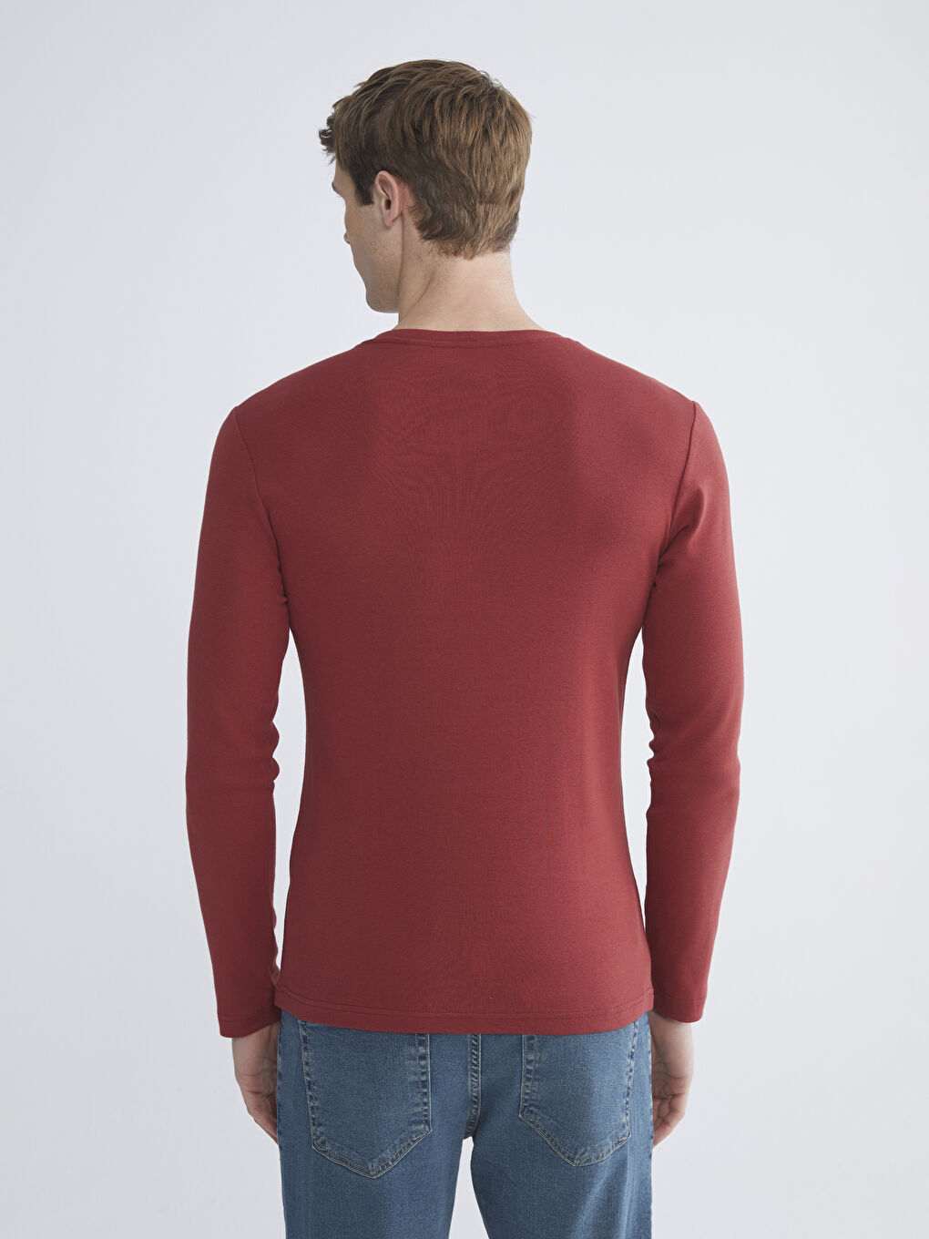 Bordo Bisiklet Yaka Basic Uzun Kollu Erkek Tişört-3