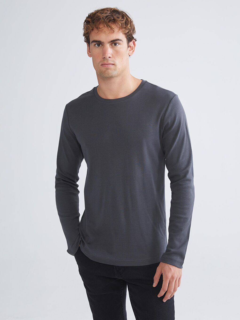 Antrasit Bisiklet Yaka Basic Uzun Kollu Erkek Tişört
