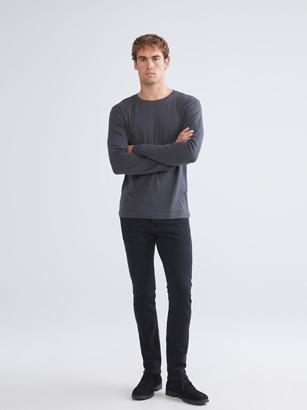 Antrasit Bisiklet Yaka Basic Uzun Kollu Erkek Tişört-1
