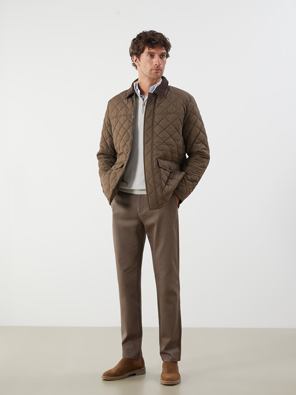 Haki Kadife Yaka Kapitoneli Erkek Mont-1