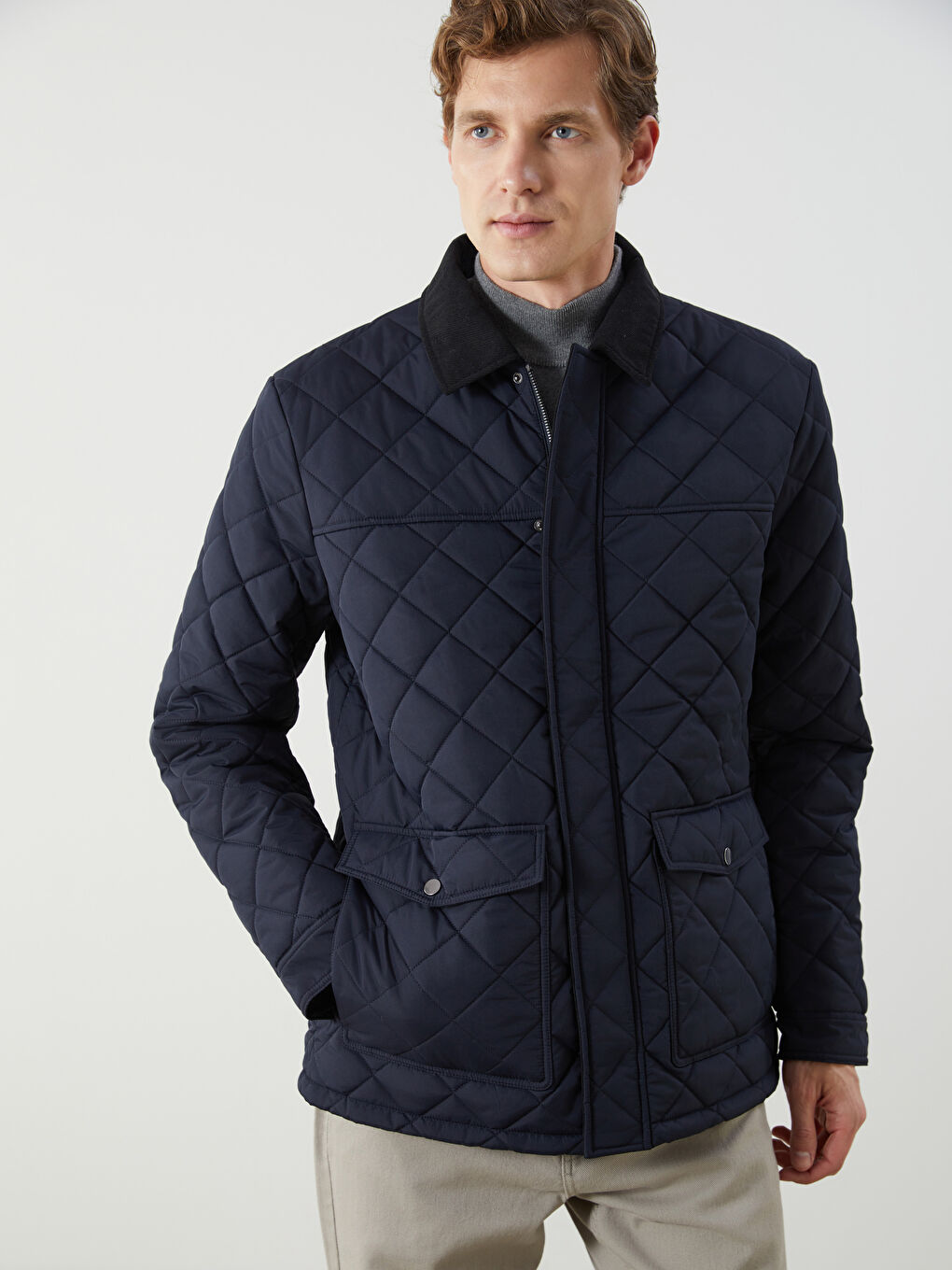 Lacivert Kadife Yaka Kapitoneli Erkek Mont-1