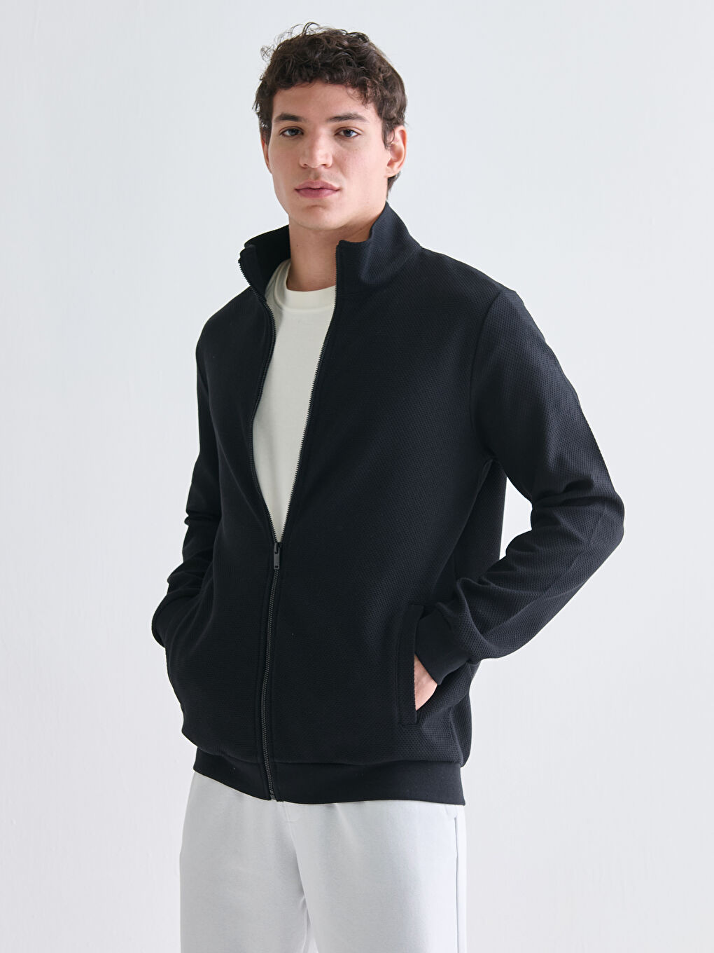 Funnel Neck Long Sleeve Men's Zip-Up Sweatshirt