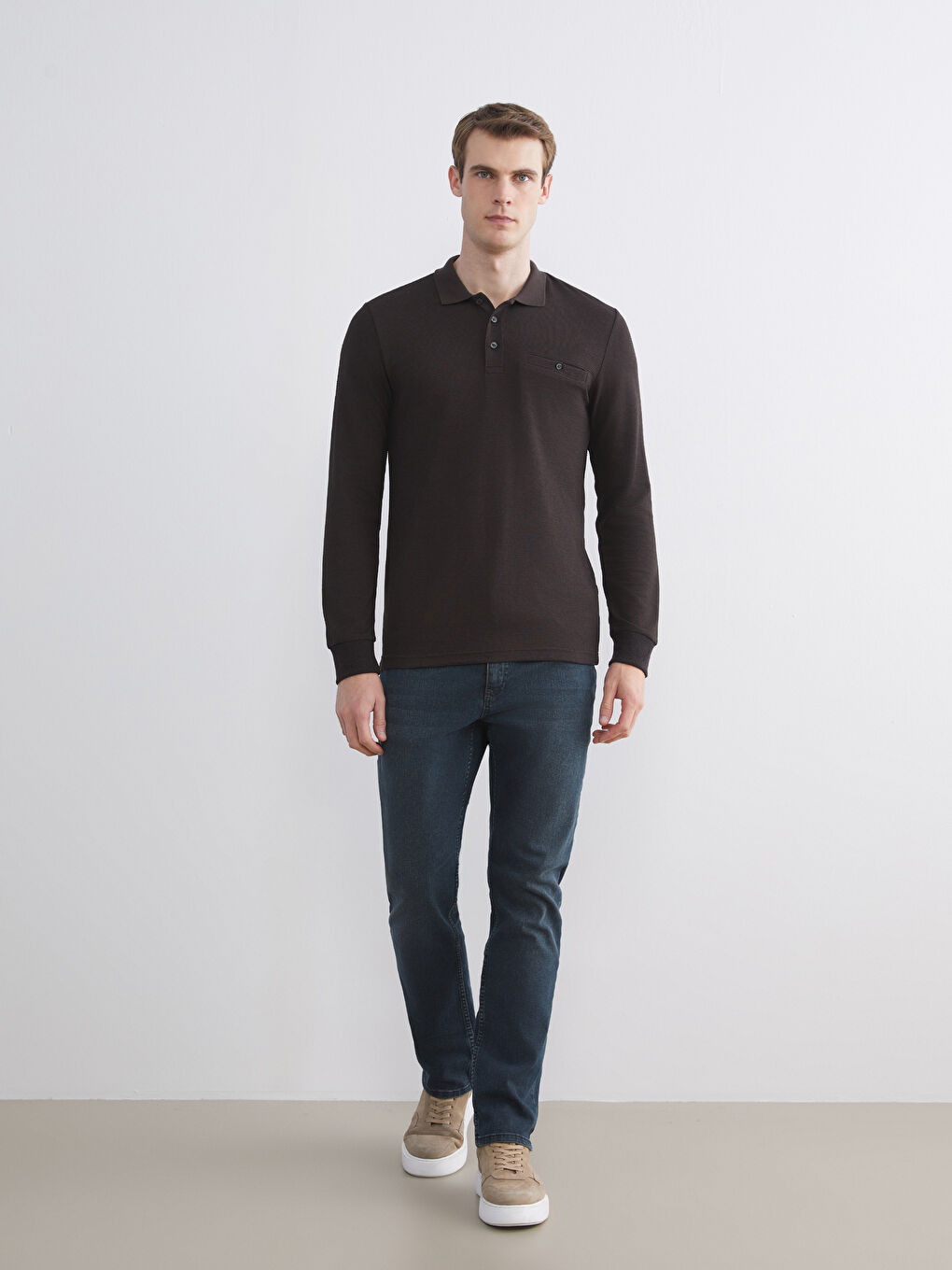 Kahverengi Polo Yaka Uzun Kollu Erkek Sweatshirt-1