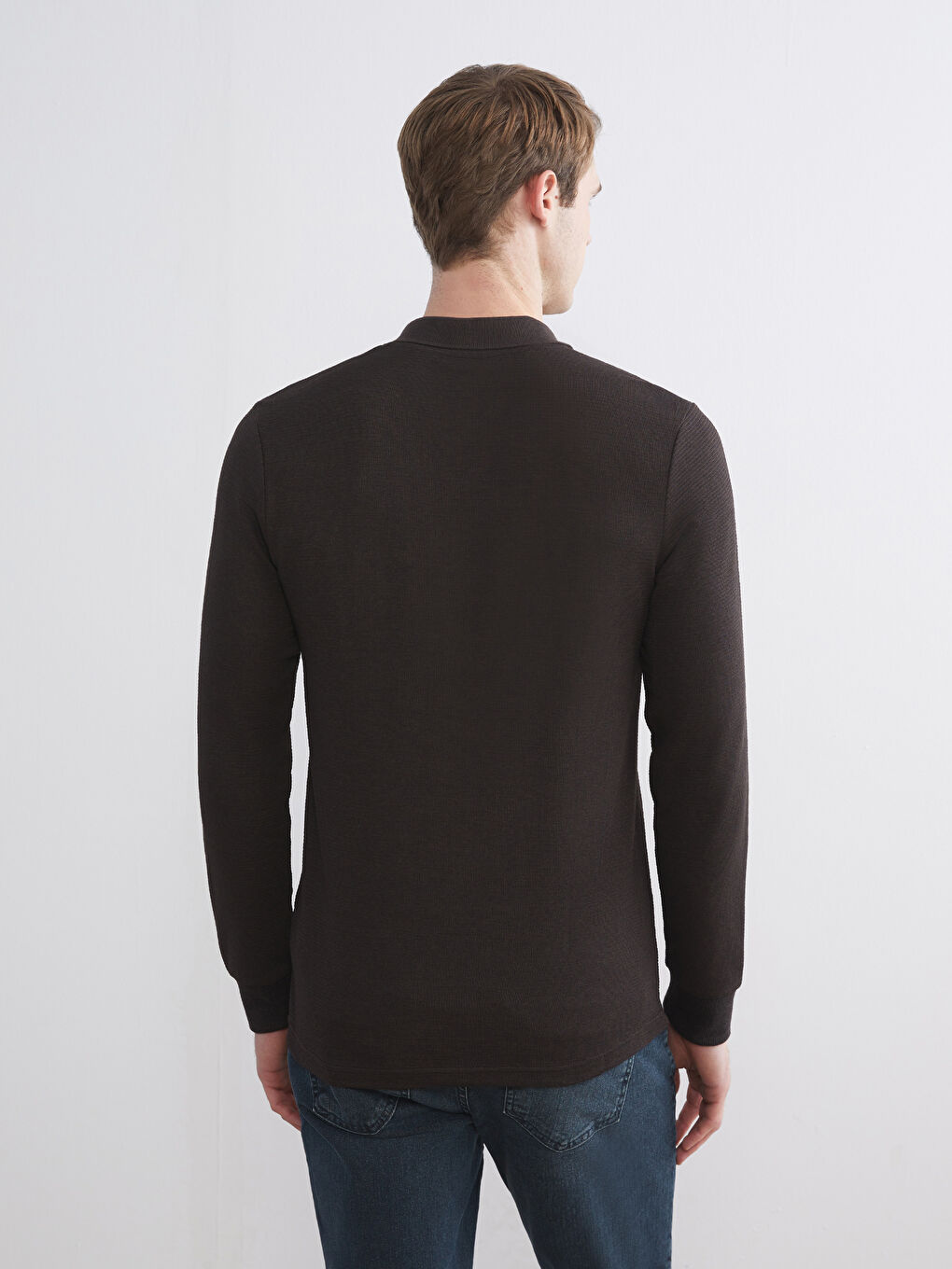 Kahverengi Polo Yaka Uzun Kollu Erkek Sweatshirt-3