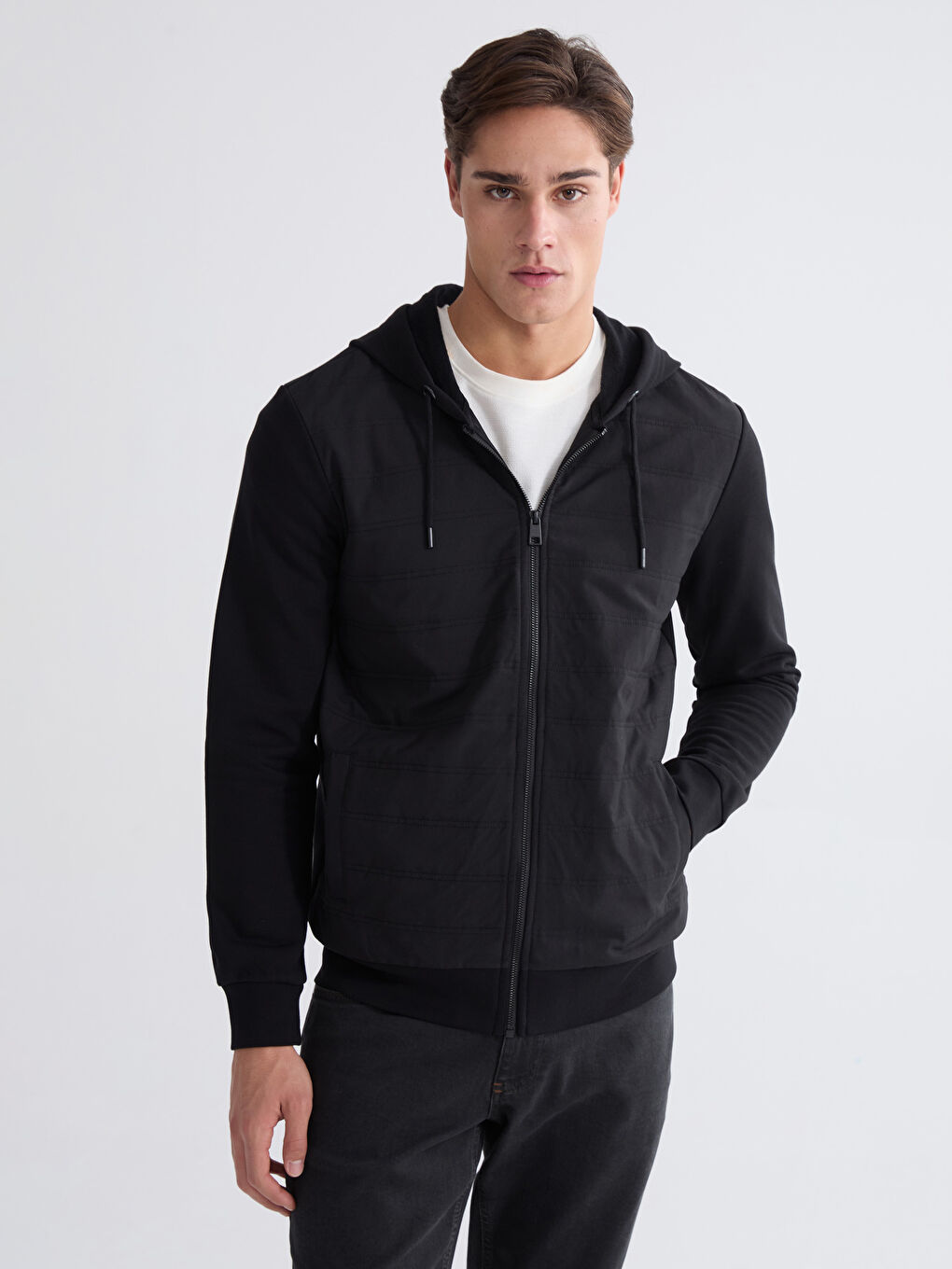 Siyah Kapüşonlu Erkek Kalın Fermuarlı Sweatshirt