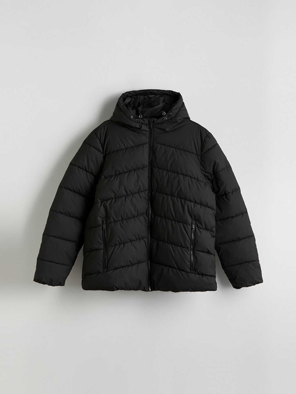 Siyah Standart Kalıp Kapüşonlu Erkek Şişme Mont-5