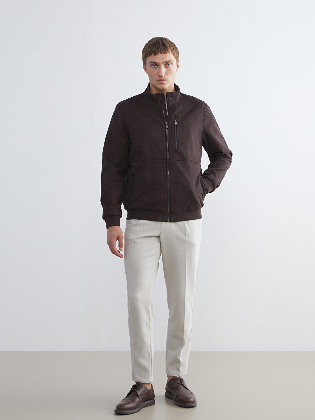 Kahverengi Standart Kalıp Dik Yaka Süet Erkek Mont-1