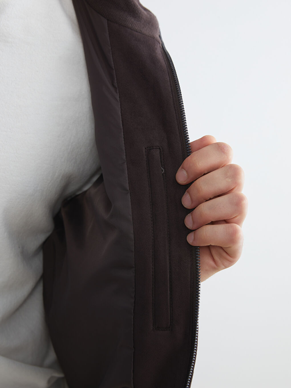 Kahverengi Standart Kalıp Dik Yaka Süet Erkek Mont-2