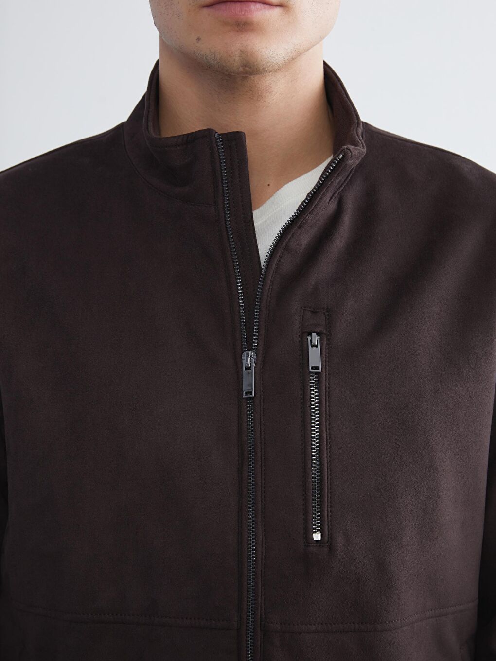 Kahverengi Standart Kalıp Dik Yaka Süet Erkek Mont-3