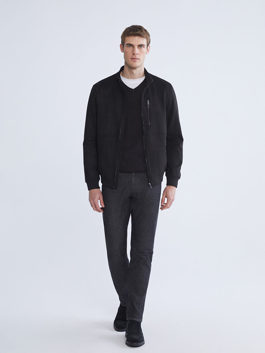 Siyah Standart Kalıp Dik Yaka Süet Erkek Mont-1