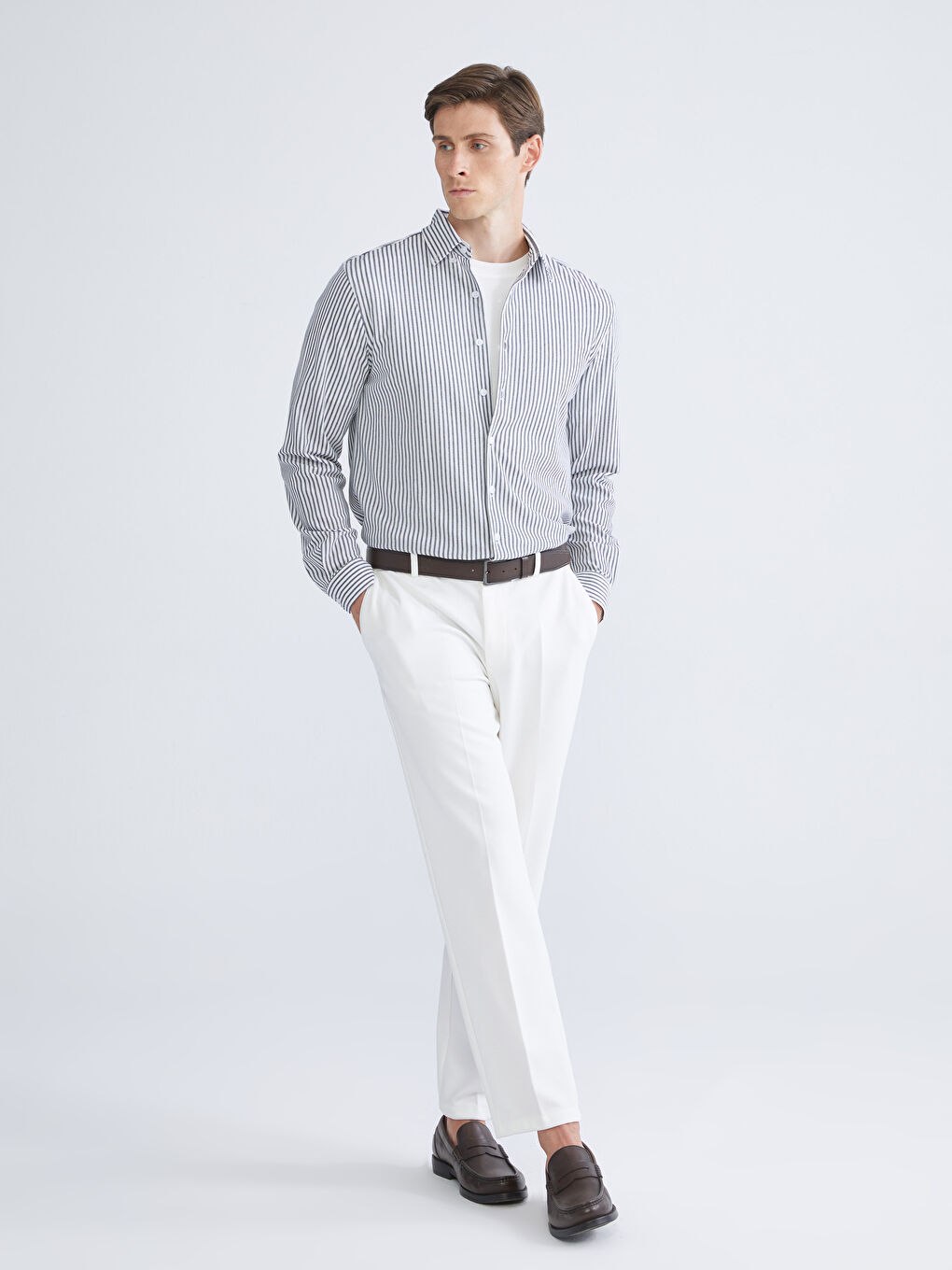 Lacivert Slim Fit Uzun Kollu Çizgili Erkek Gömlek-1